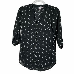 Bongo Black & White Lightning Bolt Print Sheer 3/4 Roll-Tab Sleeves Top - XS